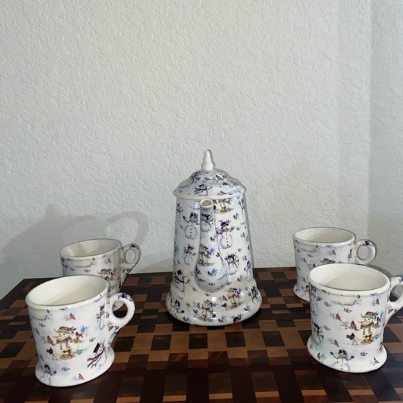 Vintage Grace Snowman Christmas Holiday Porcelain Tea\\Coffee Set Kettle/4  Mugs